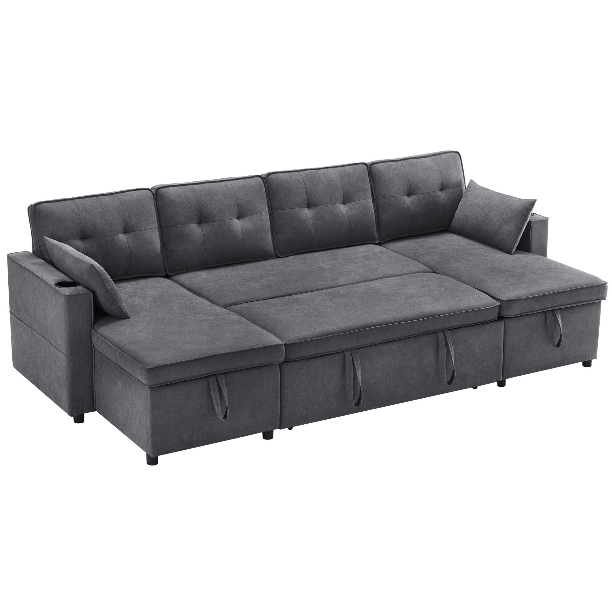 SCHLAFSOFA U-Form, Baumwolle-Leinen mit Stauraum & Getränkehaltern, 270/130/86 cm, Grau - Grau, Textil (130/86/270cm) - Redom