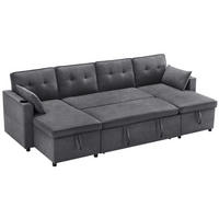 SCHLAFSOFA U-Form, Baumwolle-Leinen mit Stauraum & Getränkehaltern, 270/130/86 cm, Grau - Grau, Textil (130/86/270cm) - Redom