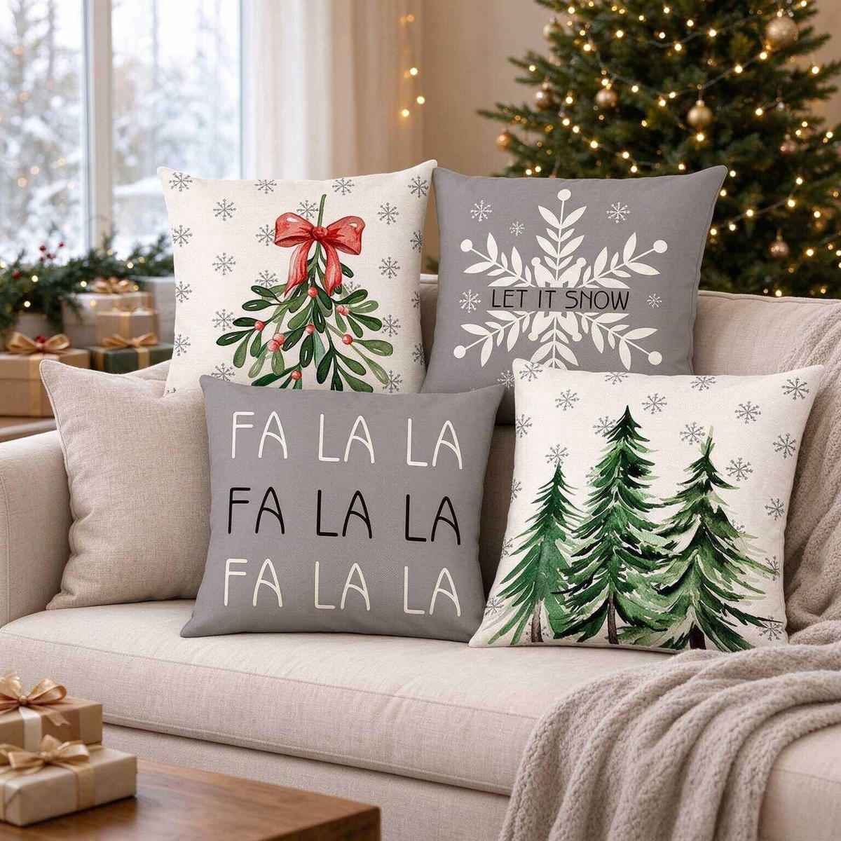 KISSENBEZUG – Weihnachtskissenbezug (Kissenfüllung nicht enthalten) – 45 x 45 cm – Multicolor(vier Stück) - Multicolor, Textil (45/45cm)