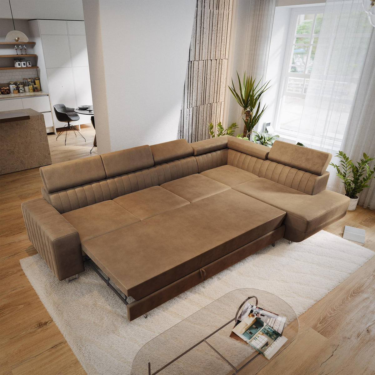 ECKSOFA HESTION Beige Velours-Stoff mit Schlaffunktion - Beige, Holz (332/190cm) - MASSENO