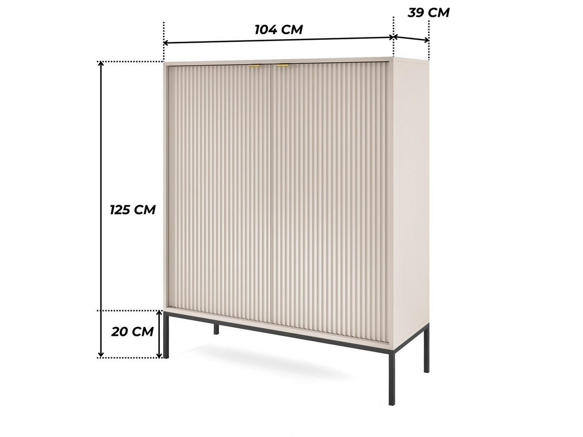 MODERNE Geriffelte Hochkommode KIOTO KW2D (Kaschmir, Schwarzes Gestell, Soft-Close Türen) - Kaschmir/Goldfarben, Holz/Holzwerkstoff (104/125/39cm) - Ravio