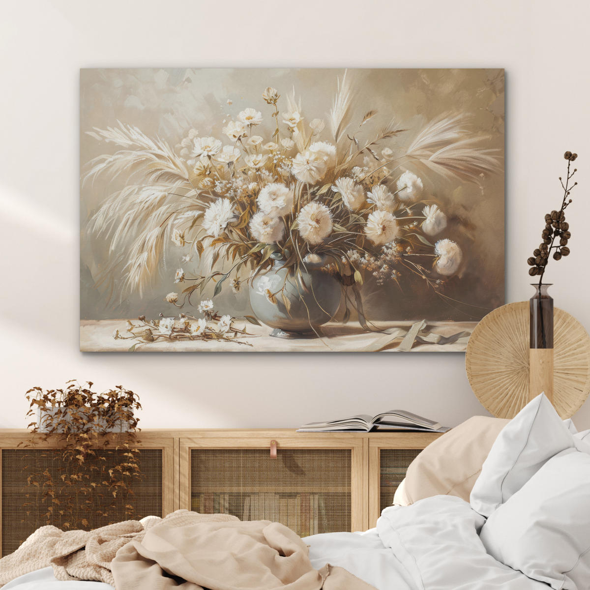 AKUSTIKBILD Blumen - Vase - Stilleben - Beige Akustikpaneele 90x60 cm - Creme, Kunststoff (90/60/0.9cm) - MuchoWow