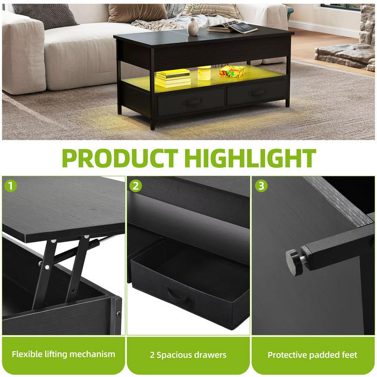 COUCHTISCH Höhenverstellbar 16 Farben LED 106x50x51.5 cm Holz mit Schubladen - Schwarz, Holz (1/1/1cm) - Kaket