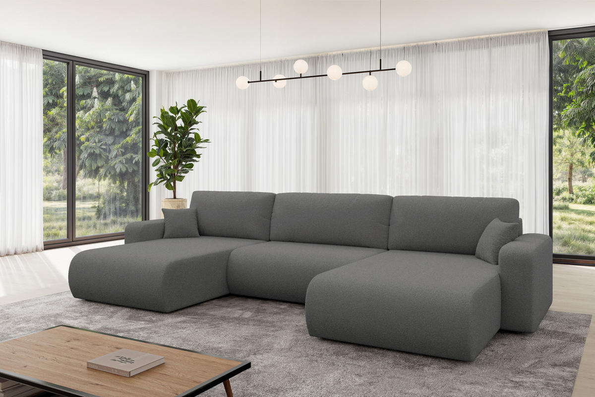 SEDACÍ SOUPRAVA DO U s funkcí spaní a úložným prostorem BERY-U 377x193x88 šedá bouclé - šedá/černá, kompozitní dřevo/textil (377/88/193cm) - ALTDECOR