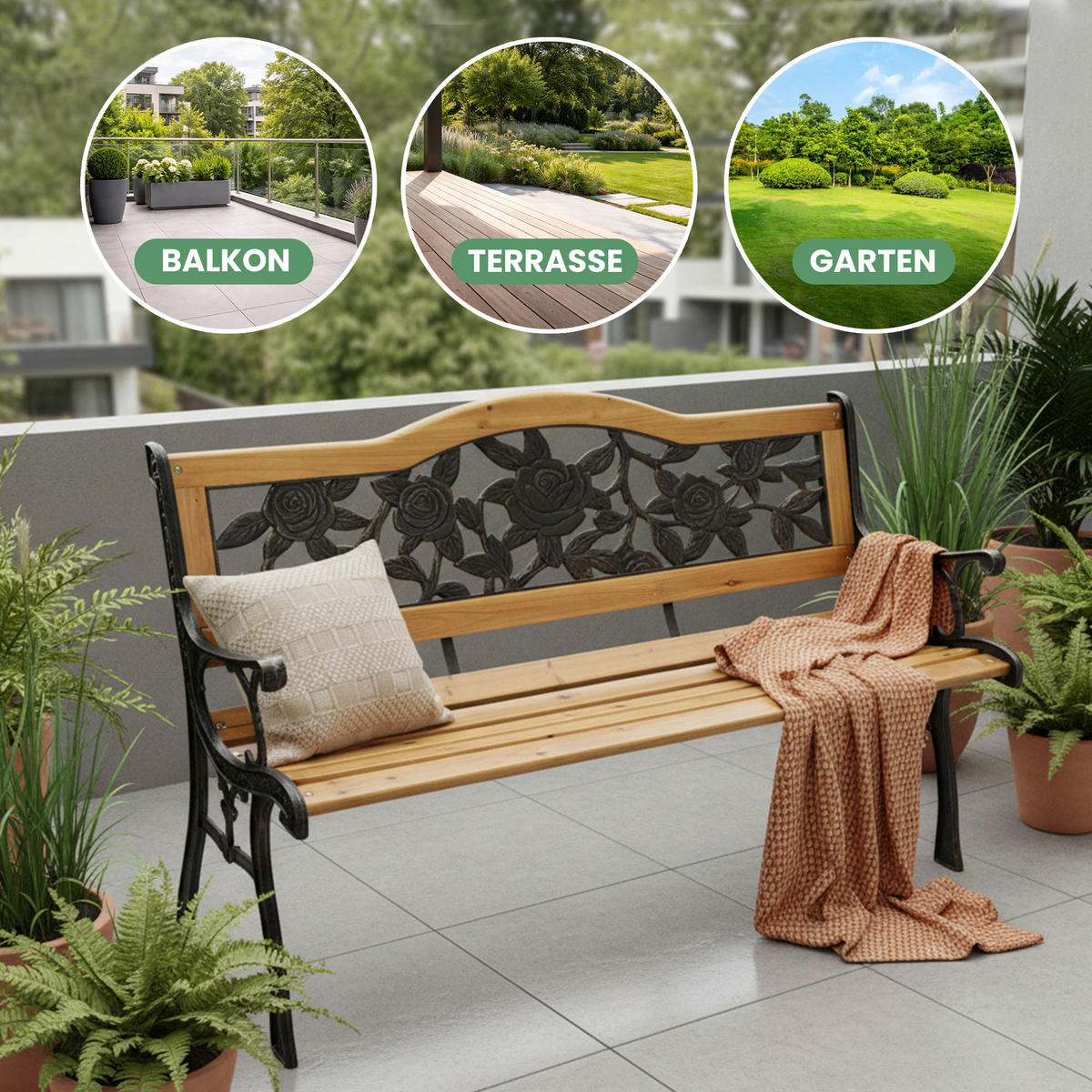 GARTENBANK ROSA Schwarz 125 x 76,5 x 52 cm - Schwarz/Braun, Holz/Metall (125/76.5/52cm) - Akord