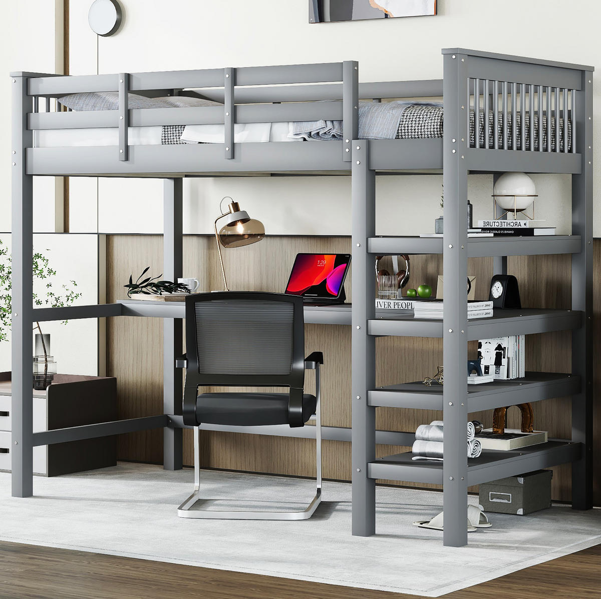 HOCHBETT 90/200 cm mit Schreibtisch, Ablagefächern und sicherem Geländer, Grau - Grau, Holzwerkstoff (90/200cm) - Redom