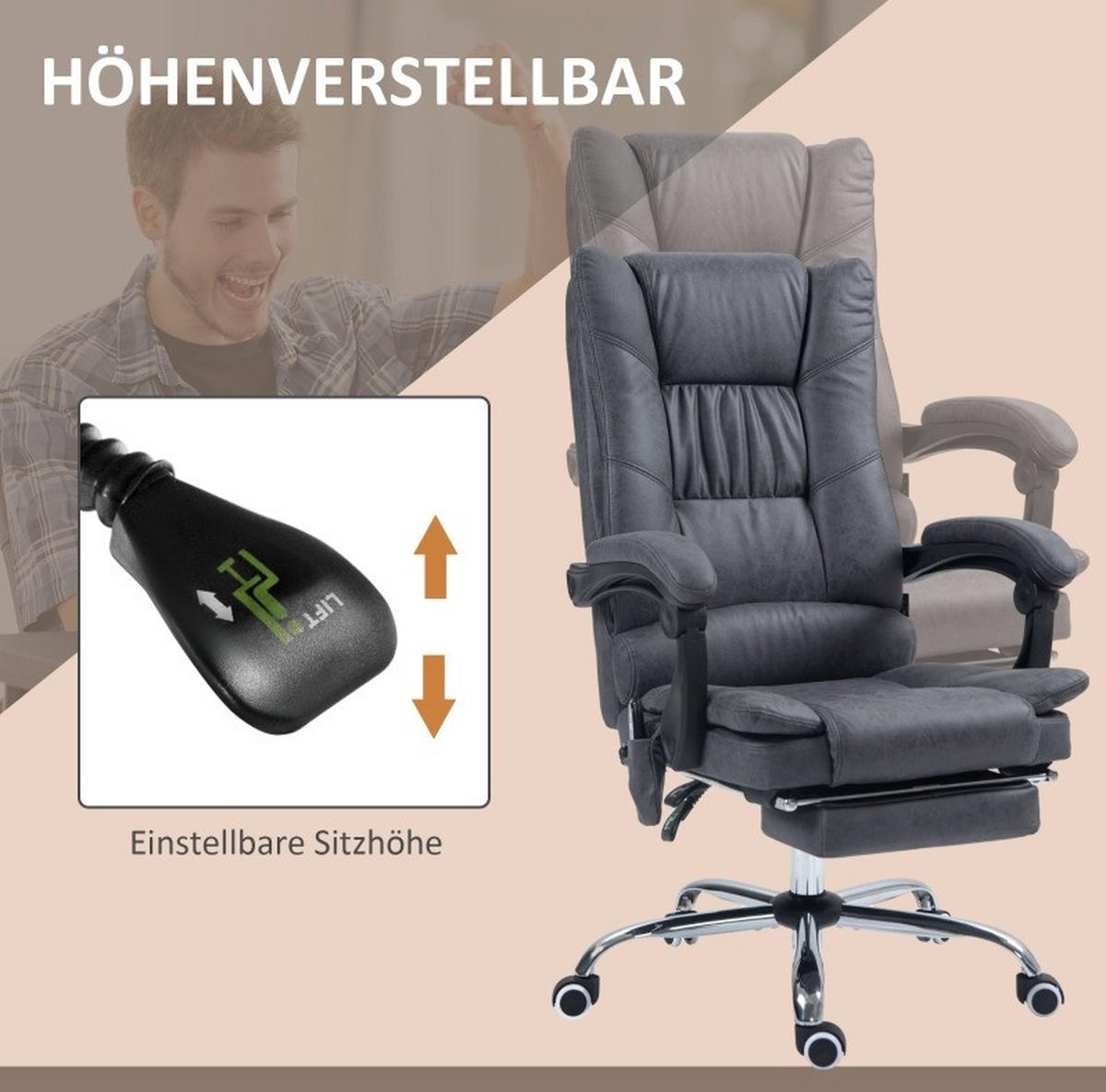 GAMINGSTUHL 64/70/110-118 cm, Massage & Wärme, 135° neigbar, höhenverstellbar, Dunkelgrau - Dunkelgrau, Kunststoff (70/118/64cm) - Redom