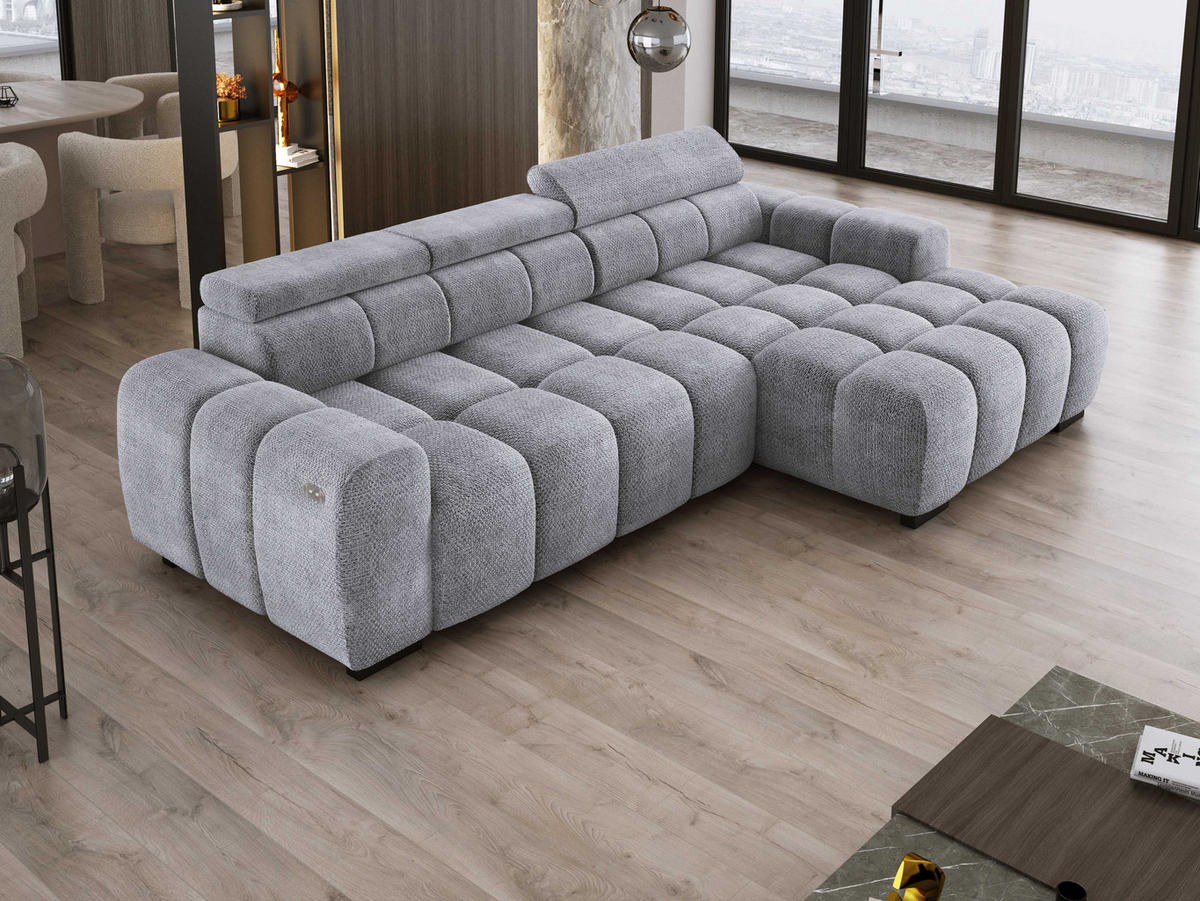 ECKSOFA OMBO 285x168x77/97 cm, Rechts, Schlaffunktion, elektr. Sitz, Kopfstützen, hydrophober EDEN-Stoff – Silber - Silberfarben, Holz/Textil (285/168cm) - DomoHome