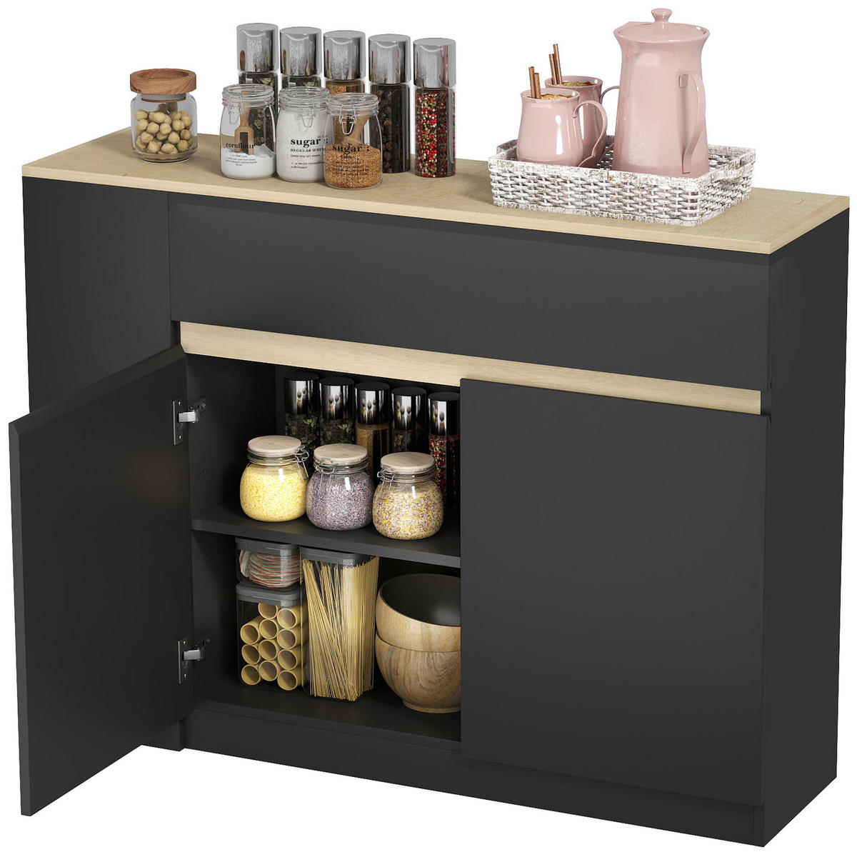 SIDEBOARD DE-11197 2 Schubladen, 3 offene Fächer Schwarz - Schwarz, Holzwerkstoff (110/82/29.5cm) - ComfortXL