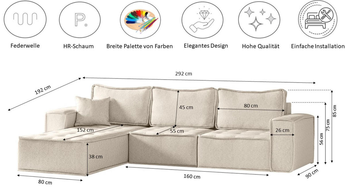 ECKSOFA L-förmige Bohoo-Maxi Hellbeige Rechts - Ecru, Holz (292/192cm) - Kaiser Möbel