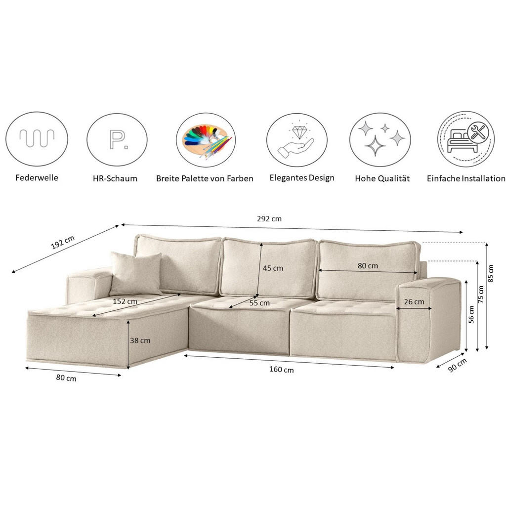 Thumbnail - Kaiser Möbel Ecksofa, Champagner, Holz, Füllung: Komfortschaum, L-Form, 292x192 cm, Wohnzimmer, Sofas & Couches, Wohnlan...