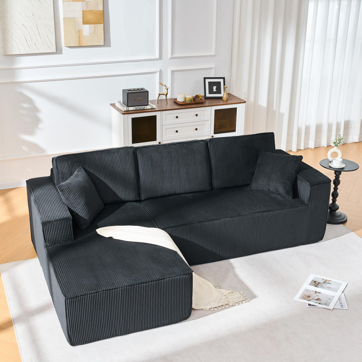ECKSOFA DE-34598 modulares L-Design mit Cordbezug Schwarz - Schwarz, Textil (128/235cm) - ComfortXL