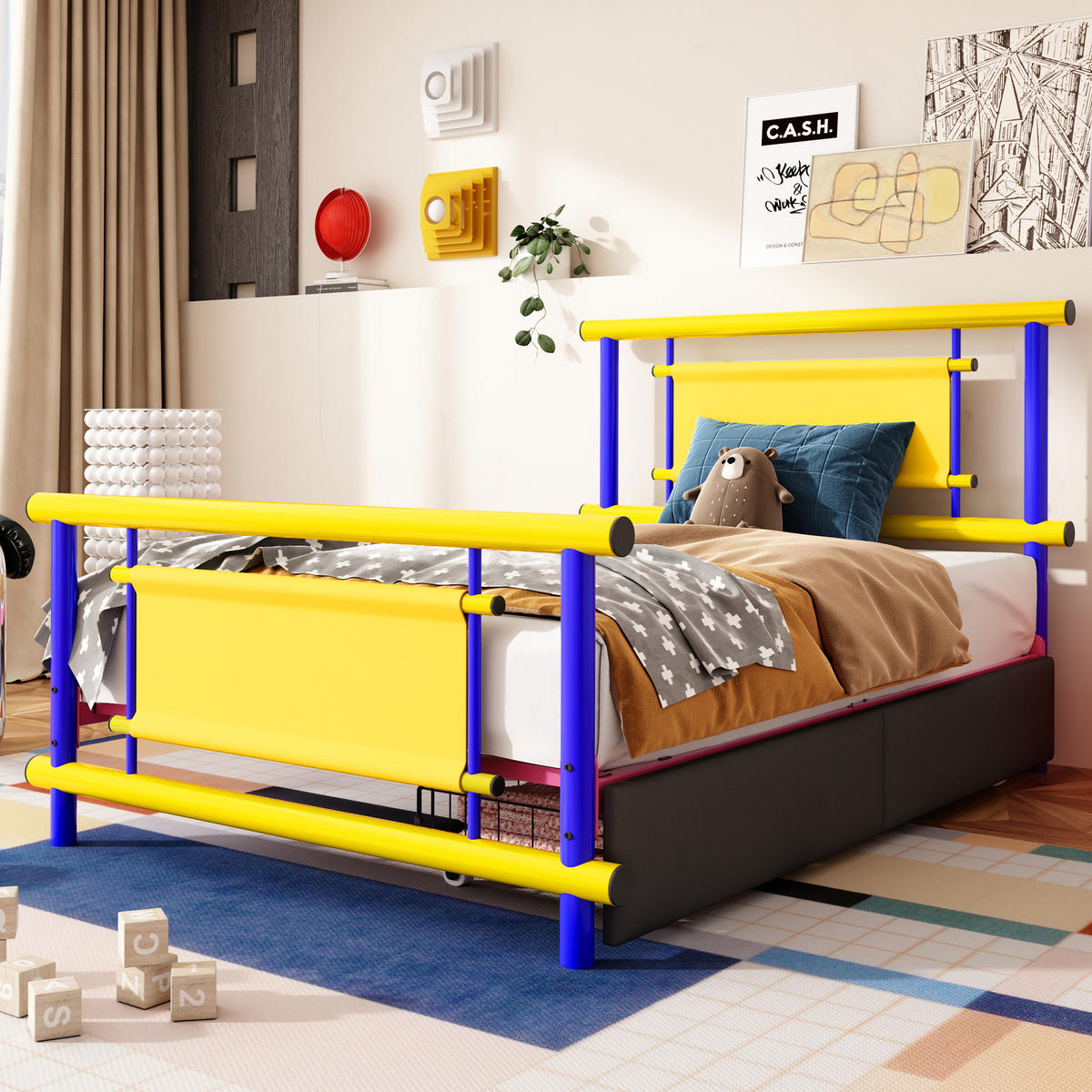 METALLBETT 90/200 cm Blau mit 2 Schubladen - Blau, Metall (90/200cm) - Oxeza