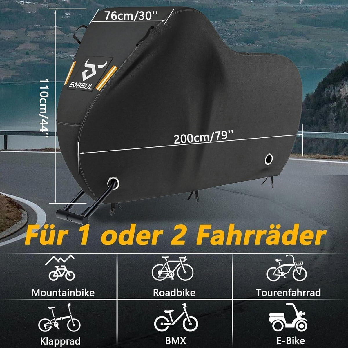 FAHRRADABDECKUNG für 1-2 Fahrräder 210 x 110 x 76 cm Wasserdicht Outdoor - Schwarz, Textil (76/110/210cm)