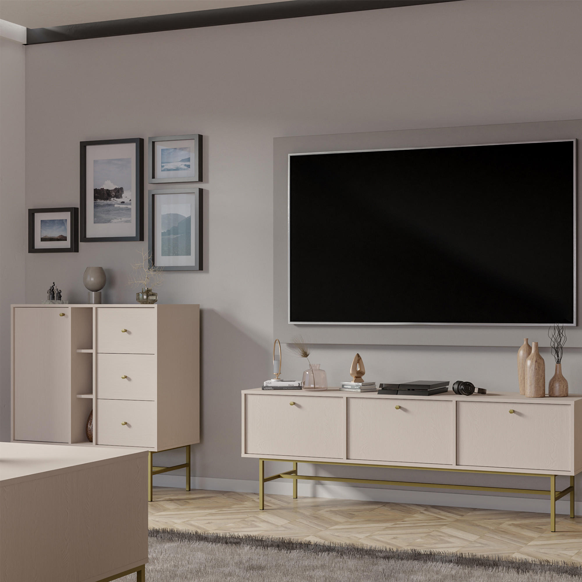 KOMMODE FLOREN, Creme/Gold - Creme, Holzwerkstoff/Metall (100.2/107.5/40.8cm) - KONSIMO®