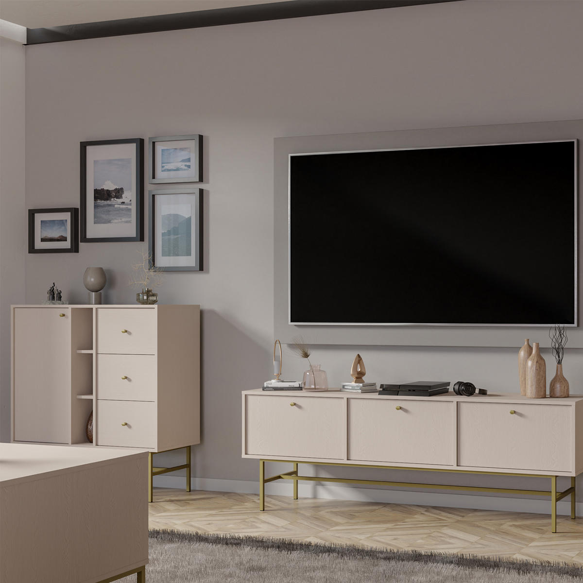 KOMMODE FLOREN, Creme/Gold - Creme, Holzwerkstoff/Metall (100.2/107.5/40.8cm) - KONSIMO®