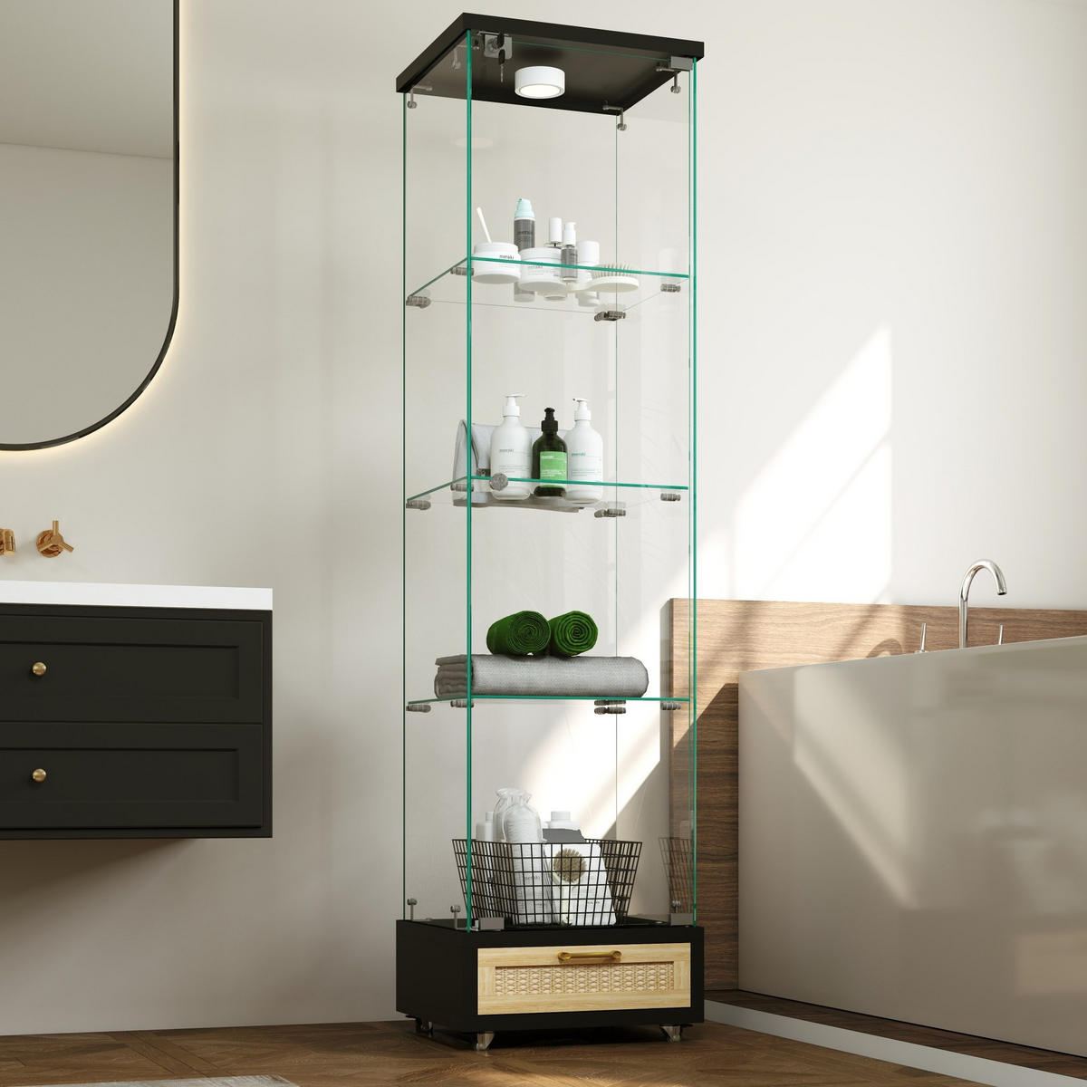 VITRINE mit LED-Beleuchtung 42,5/36,5/167 cm in Schwarz, abschließbar - Schwarz, Holzwerkstoff (42.5/167/36.5cm) - BEAOK
