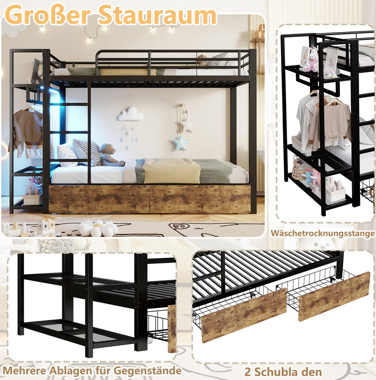 ETAGENBETT 90/200 cm aus Metall und MDF mit LED-Lichtleiste und Schubladen Schwarz - Schwarz, Metall (90/200cm) - Modenvie
