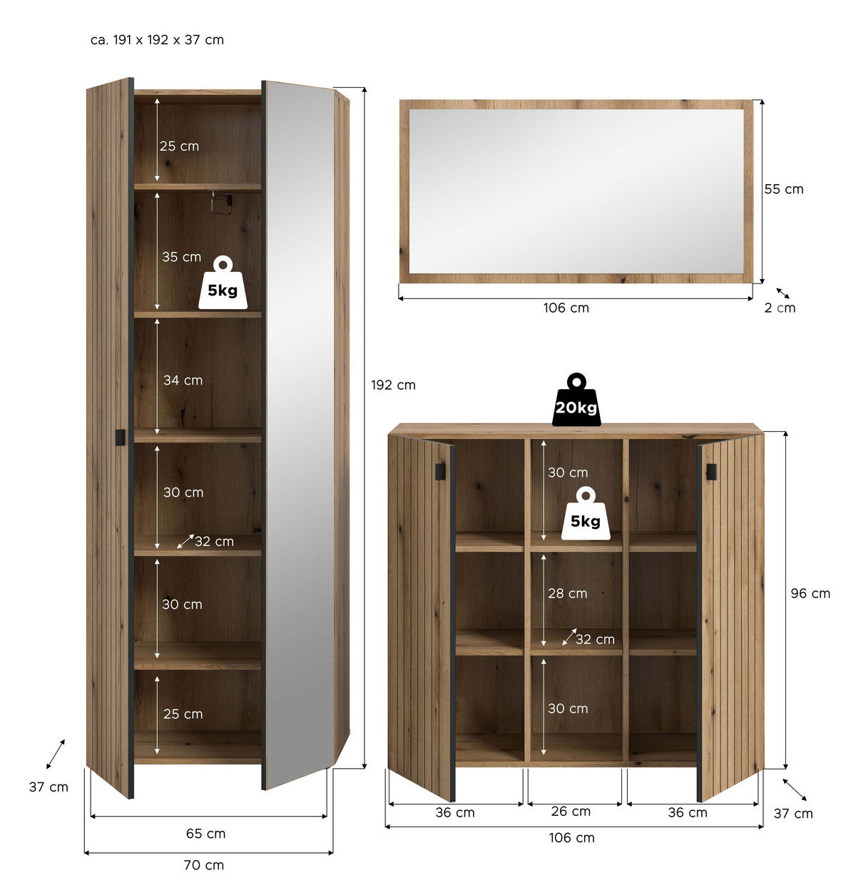 GARDEROBEN-SET STATION 3-tlg. (B/H/T: ca. 191/192/37 cm) in Evoke Oak Nachbildung/Evoke Oak Nachbildung - Eichefarben, Holzwerkstoff (191/192/37cm)