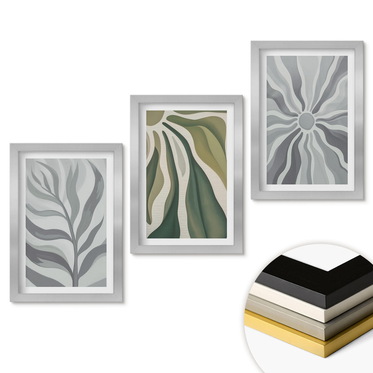 WANDBILDER 3er Set - 20x30 cm Silberner Rahmen - Pflanzenmuster in Grün - Silberfarben, Kunststoff (20/30cm) - ArtPrintCave