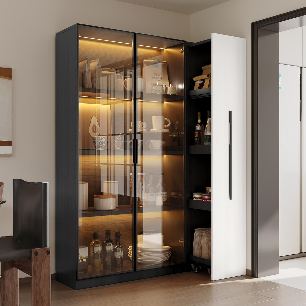 VITRINE 110,5/35/160 cm schwarz/weiß aus MDF und Glas mit LED und Seitenauszug - Schwarz, Holzwerkstoff (110.5/160/35cm) - OKWISH