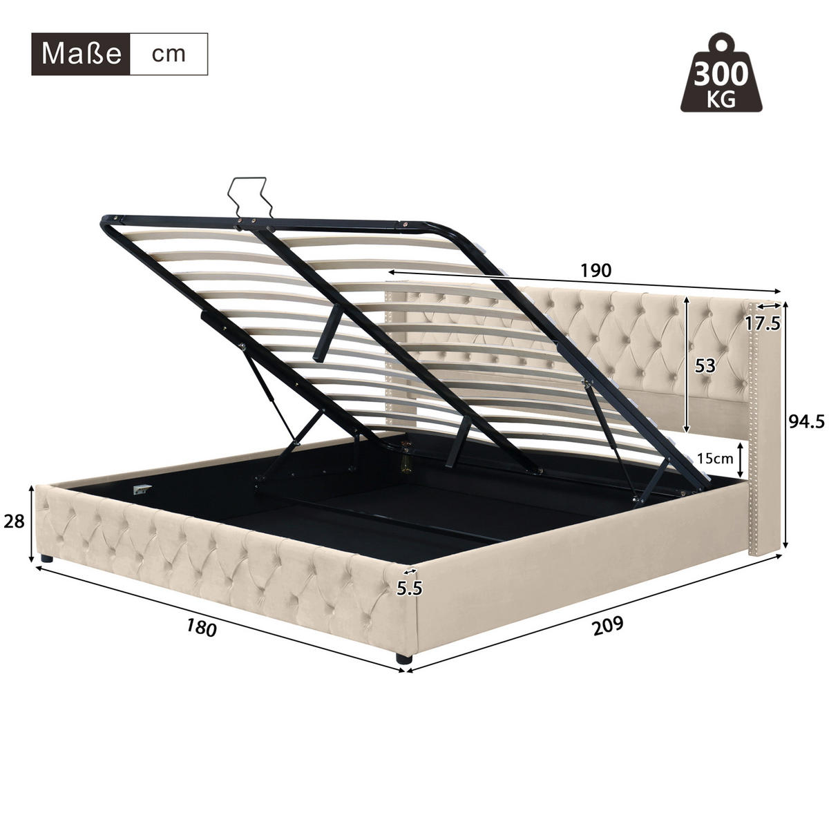 POLSTERBETT mit Bettkasten 180x200 cm Samt Beige - Beige, Metall (180/200cm) - Meubliv
