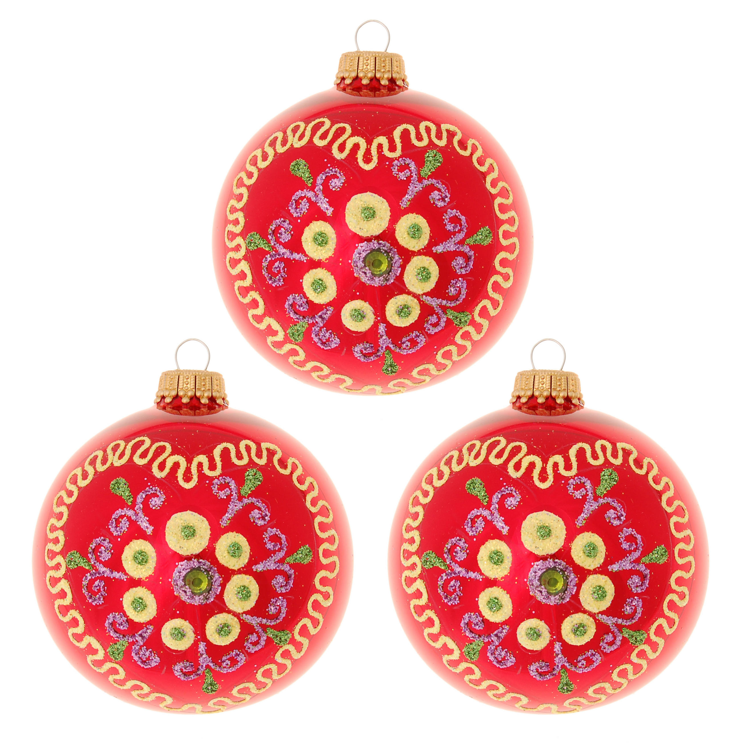 CHRISTBAUMKUGELN Blütenherz Rot 8cm (Glas / 3 Stk.) - Rot, Glas (7/8/7cm) - Krebs Glas Lauscha