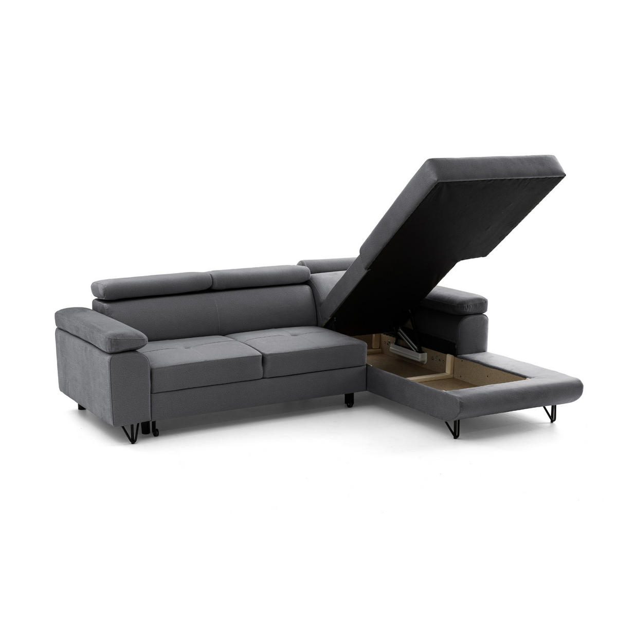 ECKSOFA NORIS L Rechts mit Schlaffunktion 128x203 Velours Dunkelgrau - Dunkelgrau/Schwarz, Holz/Textil (183/250cm) - Muffo