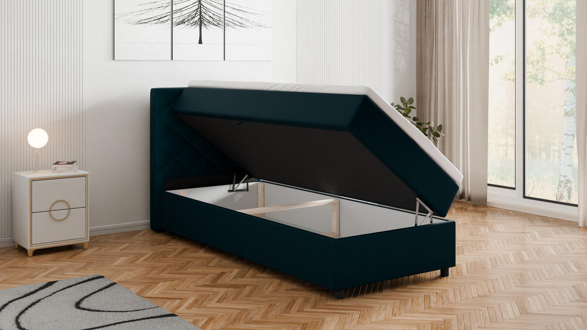 BOXBETT Diamaro 90x200 cm mit Bettkasten und Topper - Dunkeltürkis - Türkis, Holz (96/215cm) - Panda Möbel