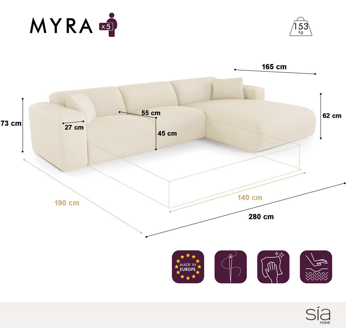 ECKSOFA RECHTS SCHLAFSOFA Dunlopillo 5 Plätze Bouclé creme - Creme, Textil (280/165cm) - Sia Home