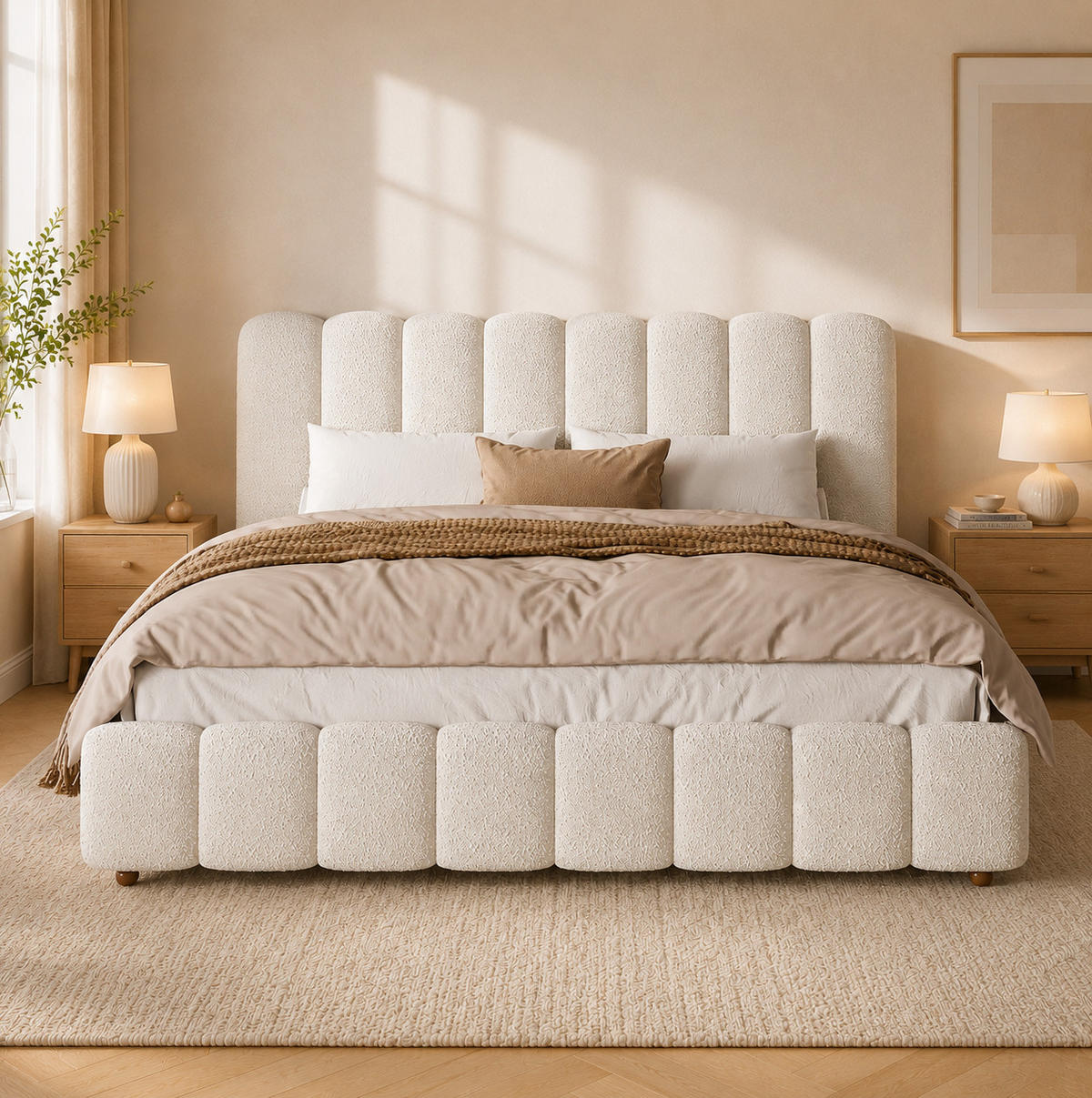 POLSTERBETT mit Bouclé-Bezug 180x200 cm Weiß mit Lattenrost und gepolstertem Kopfteil - Weiß, Textil (180/200cm) - Modfu