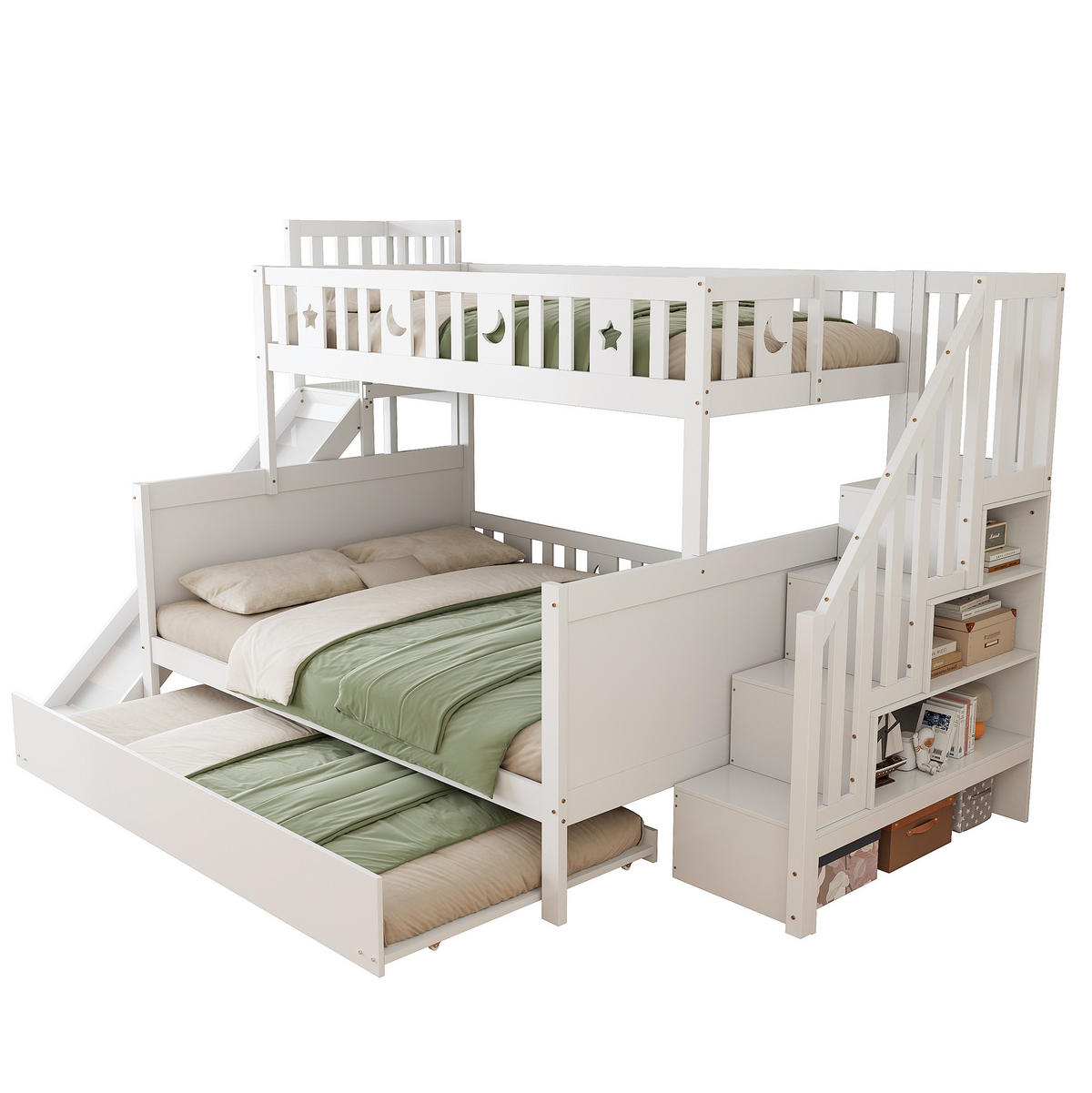 ETAGENBETT 90/200 & 140/200 cm aus Massivholz mit Rutsche und Ausziehbett - Weiß, Holz (90/200cm) - BEAOK