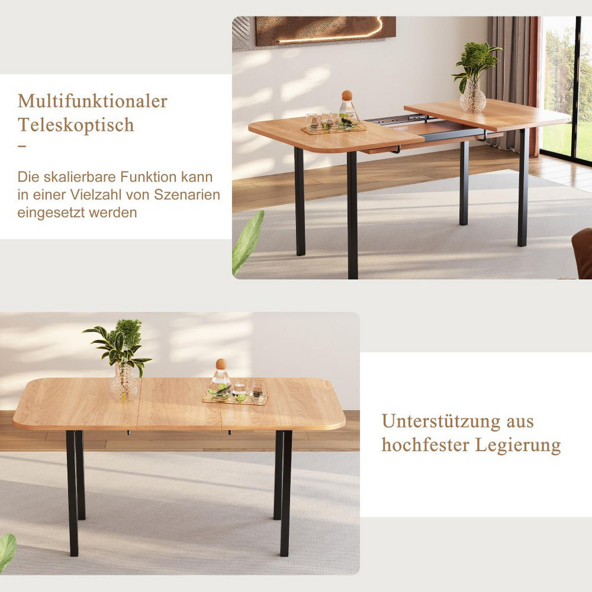 ESSTISCH in minimalistischer Stil ，Teleskoplänge bis 160 cm - Naturfarben, Holz (160/80/75cm) - KOMHTOM