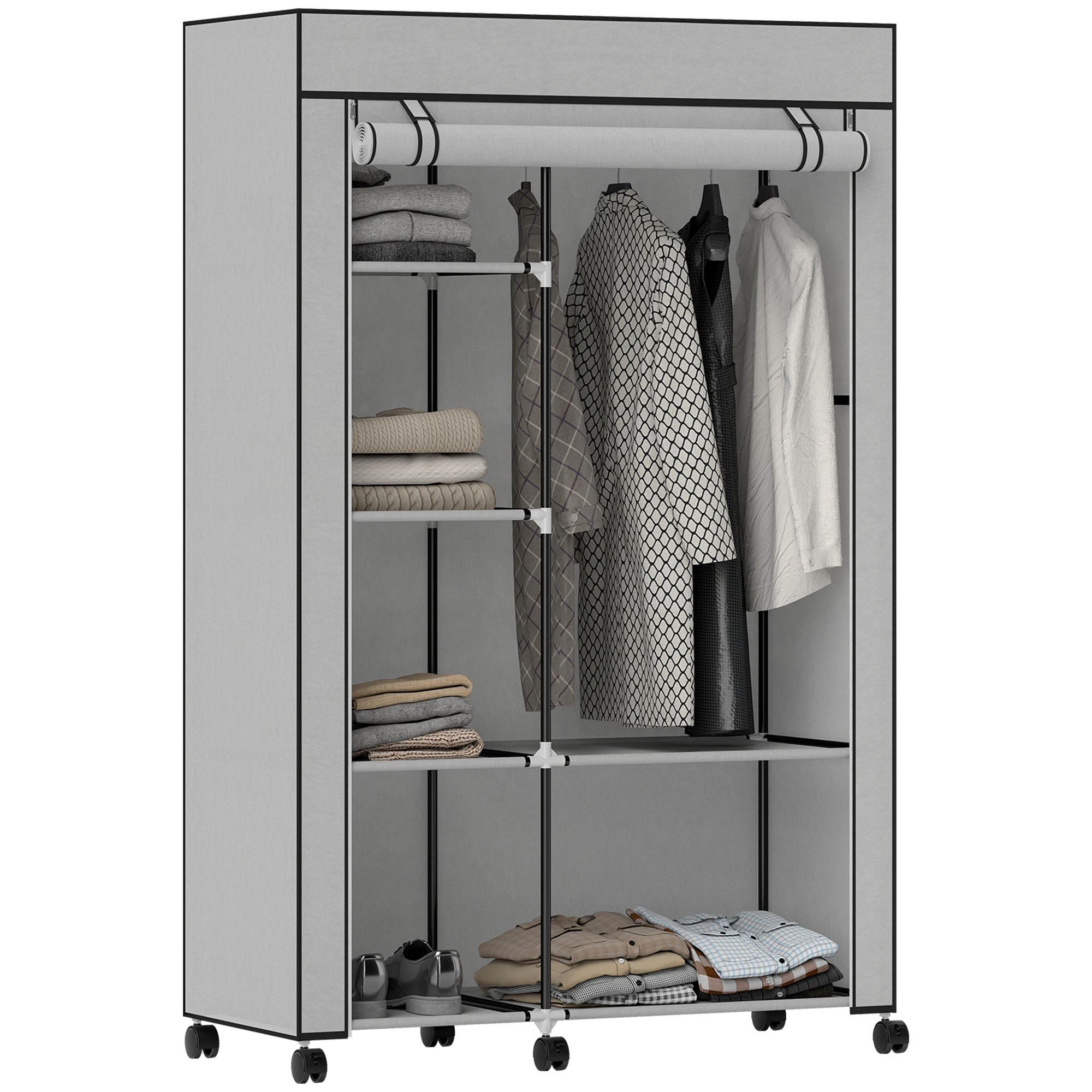 STOFFSCHRANK mit 6 Regalen und 1 Kleiderstange, platzsparende Aufbewahrungslösung in Hellgrau - Hellgrau, Metall (103/162.5/43cm)