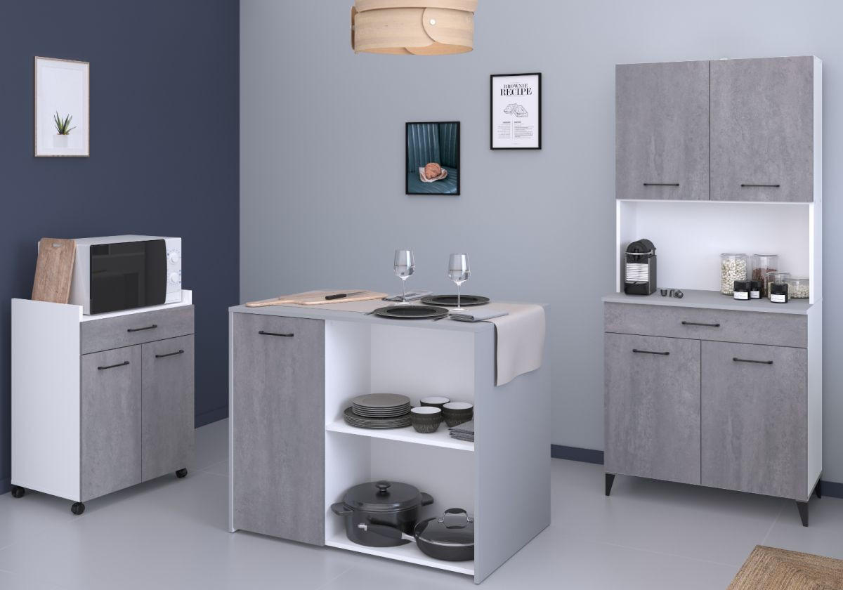 MINIKÜCHE grau, weiß, Komplett-Set 3-teilig mit Buffet, Kücheninsel, Mehrzweckschrank - Weiß/Grau, Holzwerkstoff (243/180/65cm) - Parisot Meuble