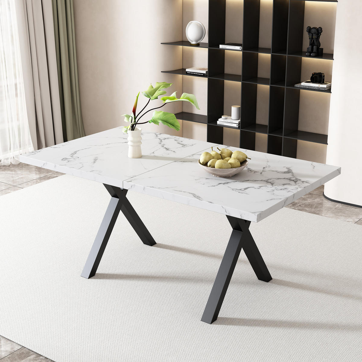 JÍDELNÍ stůl z MDF a oceli 140x80x76 cm bílý mramorový dekor a černá s křížovou podnoží a všestranným využitím - bílá, kompozitní dřevo (140/80/76cm) - Modfu