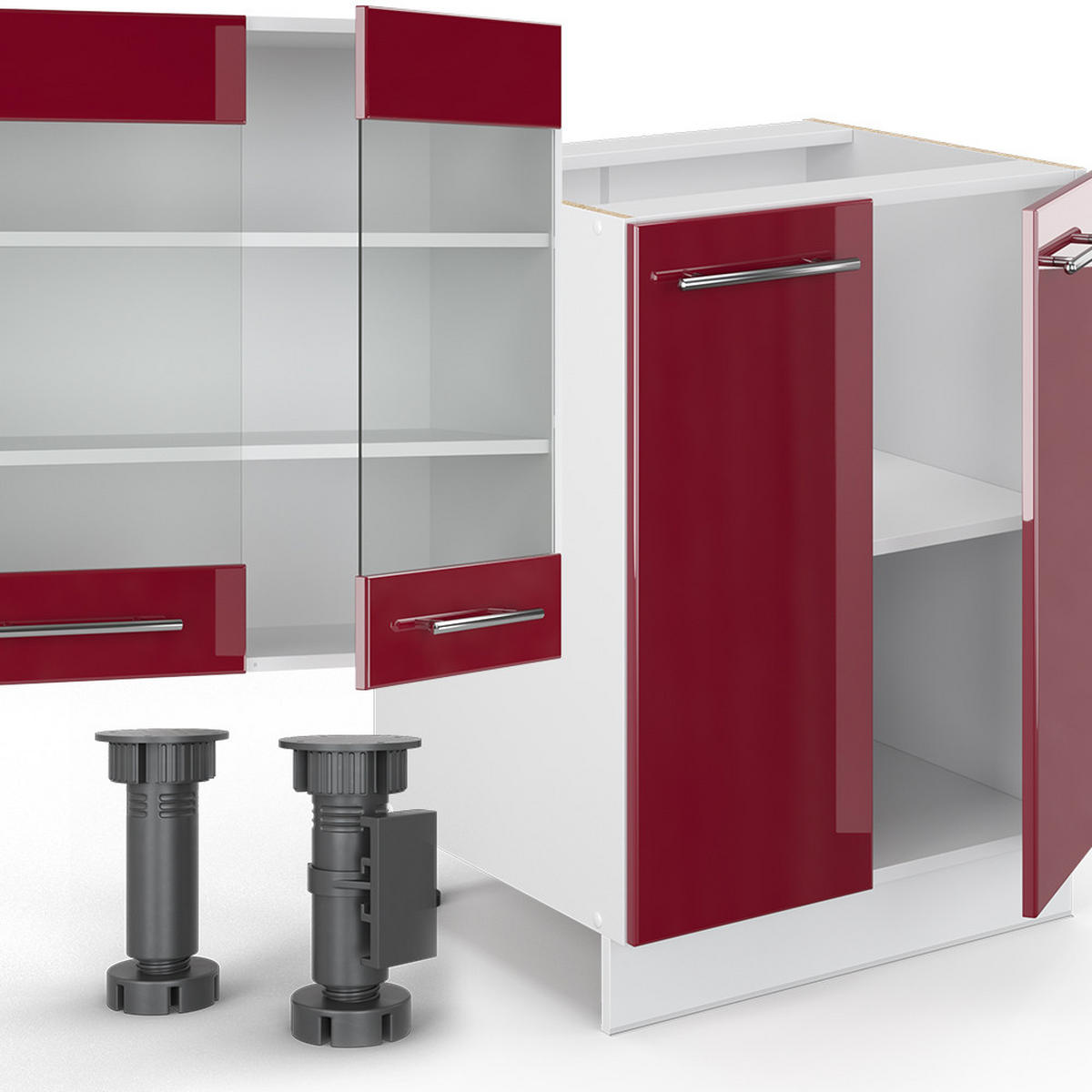 KÜCHENZEILE Fame-Line Bordeaux Hochglanz/Weiß 300 cm mit Hochschrank AP Eiche - Bordeaux/Weiß, Holzwerkstoff (300/81.6/60cm) - Vicco