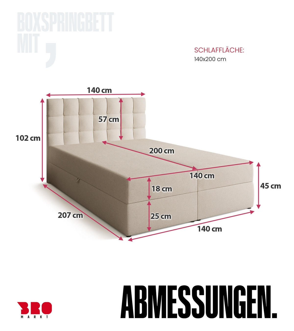 BOXBETT Detroit mit Topper 140/200 Ecru - Ecru, Holzwerkstoff/Textil (140/200cm) - Bromarkt