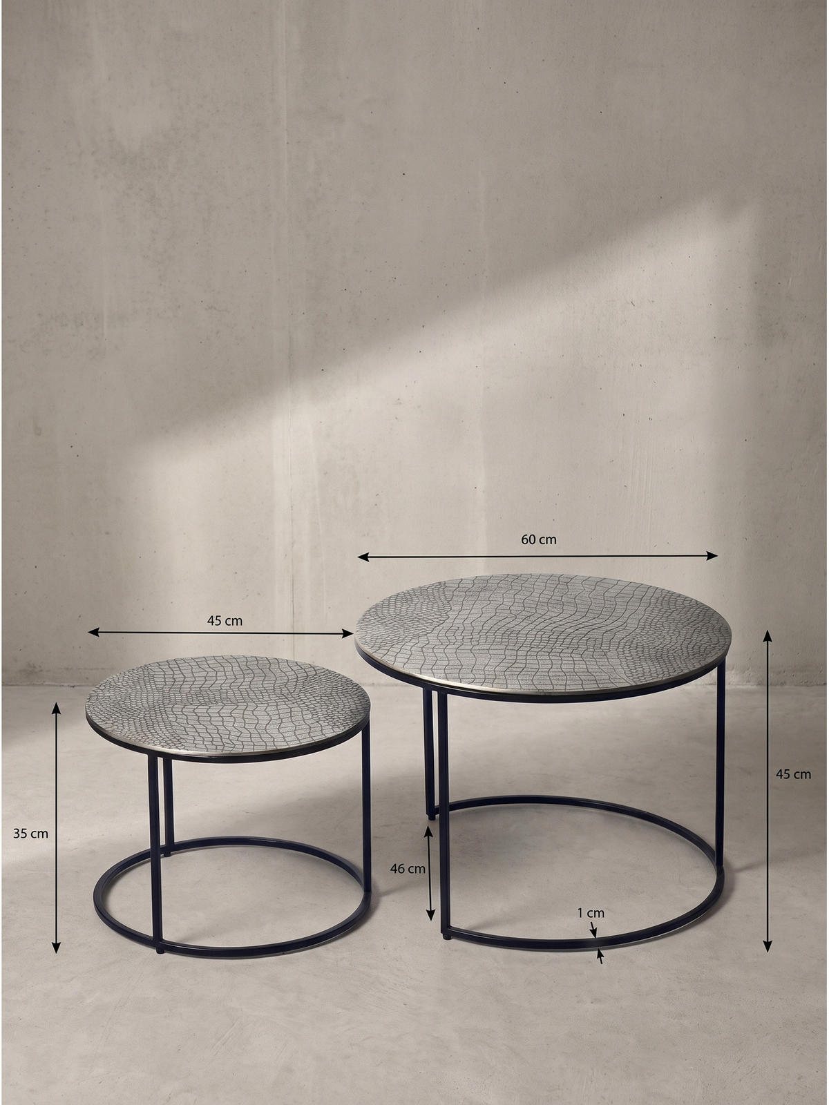 COUCHTISCHE 2er-Set VIENNE, Aluminium, handgefertigt, Silber, Ø 60 x 45 cm - Silberfarben/Schwarz, Metall (60/60/45cm) - KADIMA DESIGN