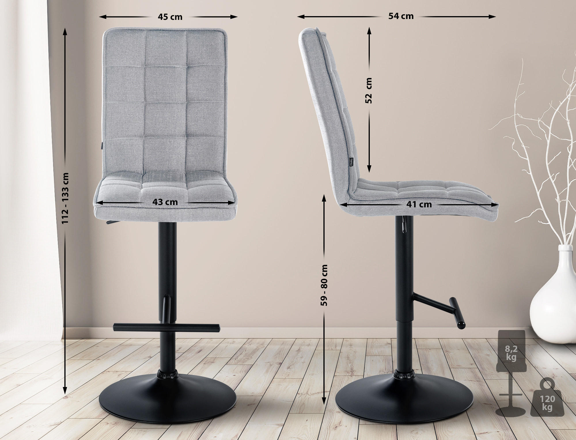 BARHOCKER Stoff hellgrau - Hellgrau/Schwarz, Textil/Metall (45/112/54cm) - CLP