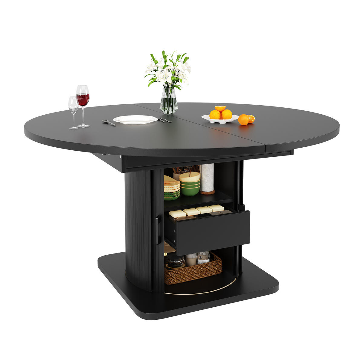ESSTISCH Ausziehbar 118-158Cm Rund Oval Schubladen Schwarz - Schwarz, Holzwerkstoff (118/118/76cm) - FLIEKS