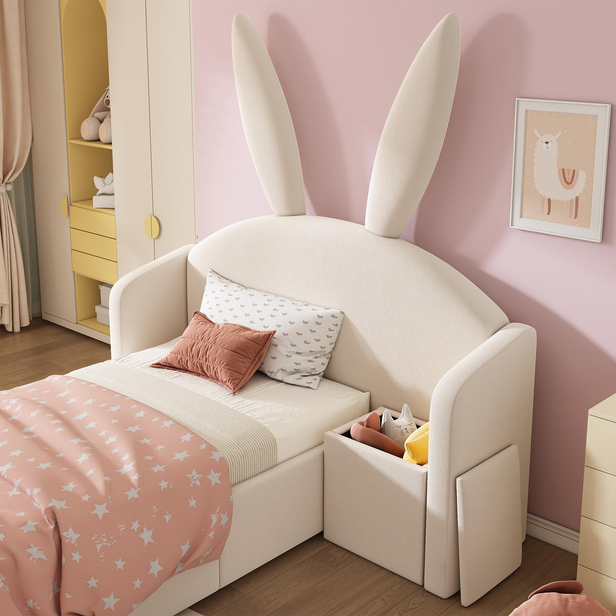 POLSTERBETT 90/200 cm Beige mit Bettkasten und Nachttisch - Beige, Textil (90/200cm) - Flora Grace