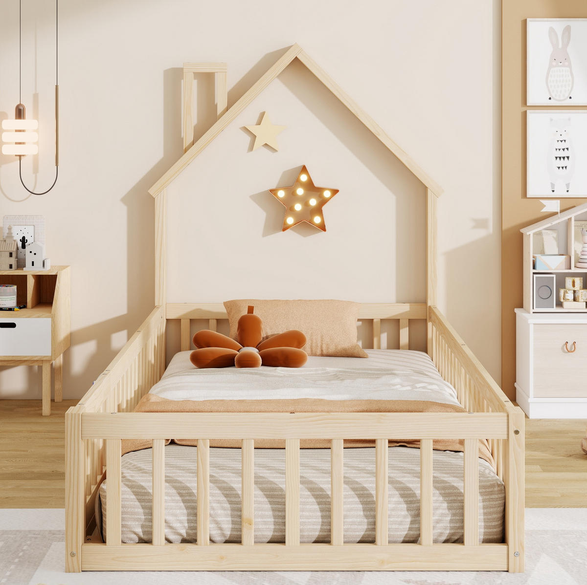 KINDERBETT 90/200 cm Natur aus Kiefernholz und MDF mit Sicherheitsgitter - Naturfarben, Holzwerkstoff (90/200cm) - OKMYHOME