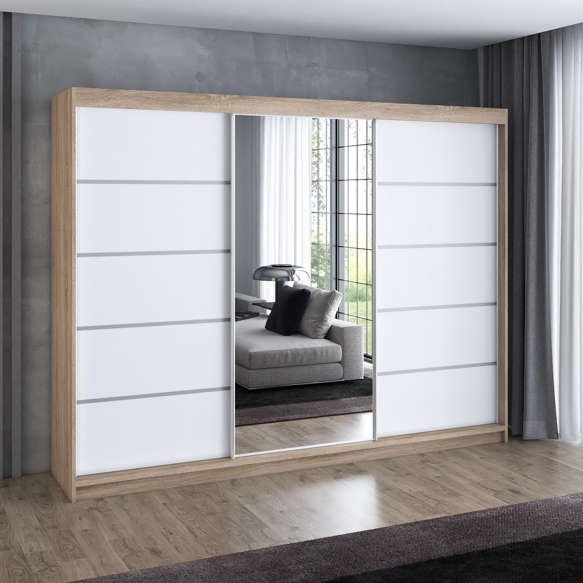 SCHWEBETÜRENSCHRANK 200 cm VILANO 1 Farbe: Sonoma,Weiß - Weiß/Sonoma Eiche, Holzwerkstoff (200/215/59.5cm) - A&J MöbelLand
