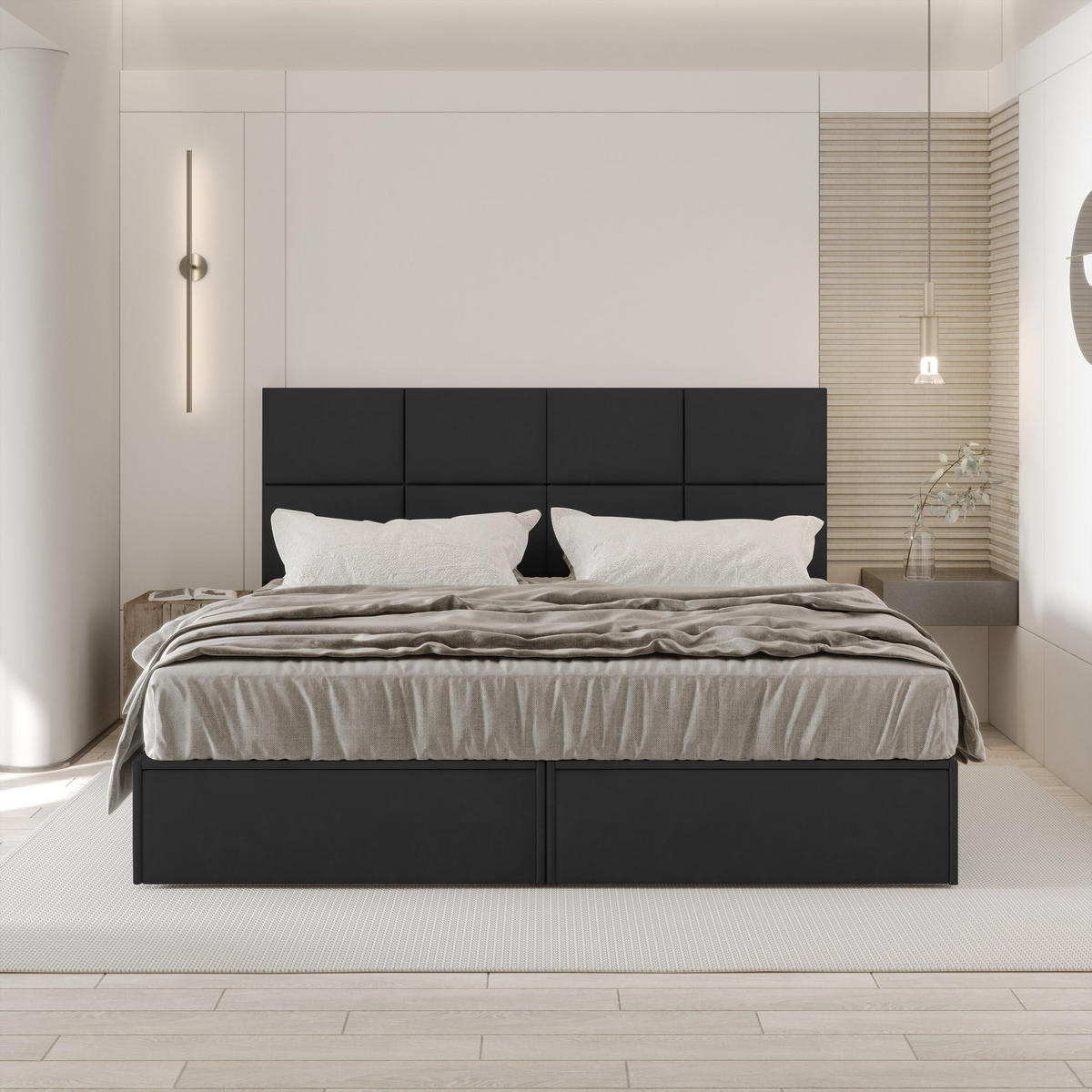 BOXBETT 160x200 cm, GARDA, Bettkasten und Taschenmatratze, Elegant Topper und Schubladen, Schwarz - Schwarz, Holzwerkstoff/Kunststoff (160/200cm) - Trada