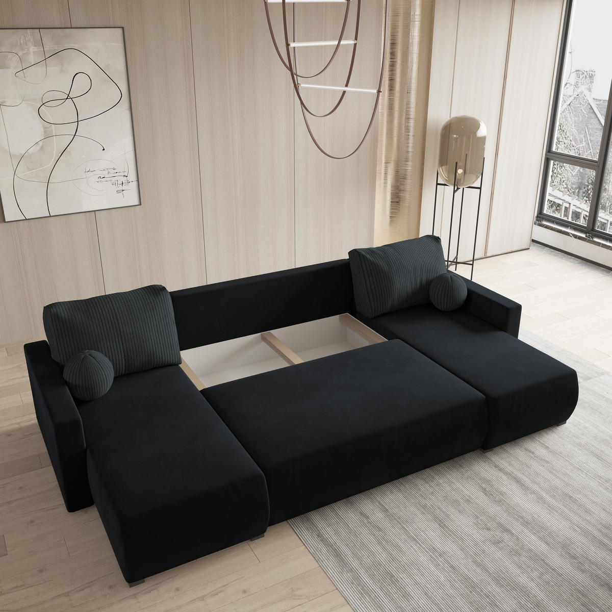 WOHNLANDSCHAFT TESSUN Schwarz Plüsch-Stoff mit Schlaffunktion - Schwarz, Holz (286/85/143cm) - MASSENO