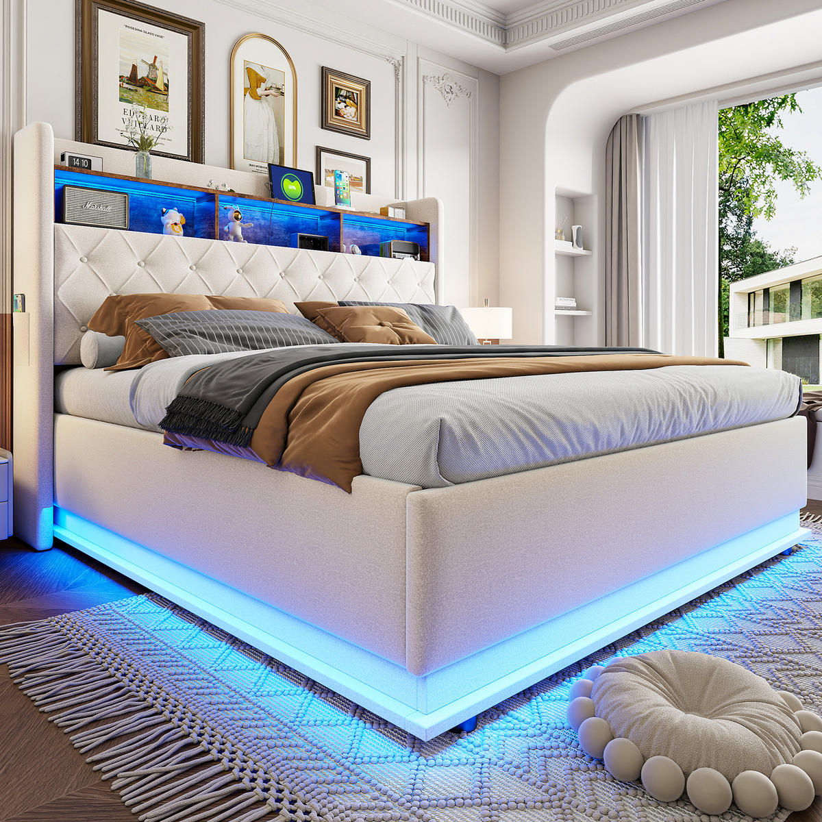 POLSTERBETT 180/200 cm Beige mit USB-Ladeanschluss und hydraulischem Stauraum - Beige, Textil (180/200cm) - OKWISH