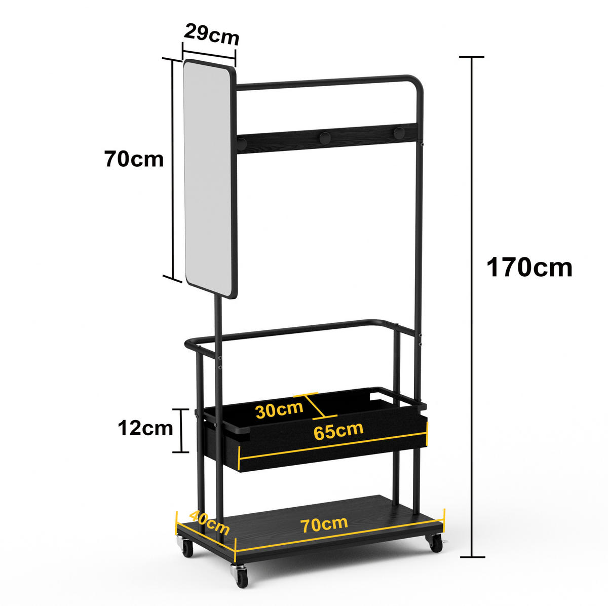 GARDEROBE Schwarz aus Stahl und Holzwerkstoff mit Rollen - Schwarz, Holzwerkstoff (40/170/70cm) - OKMYHOME