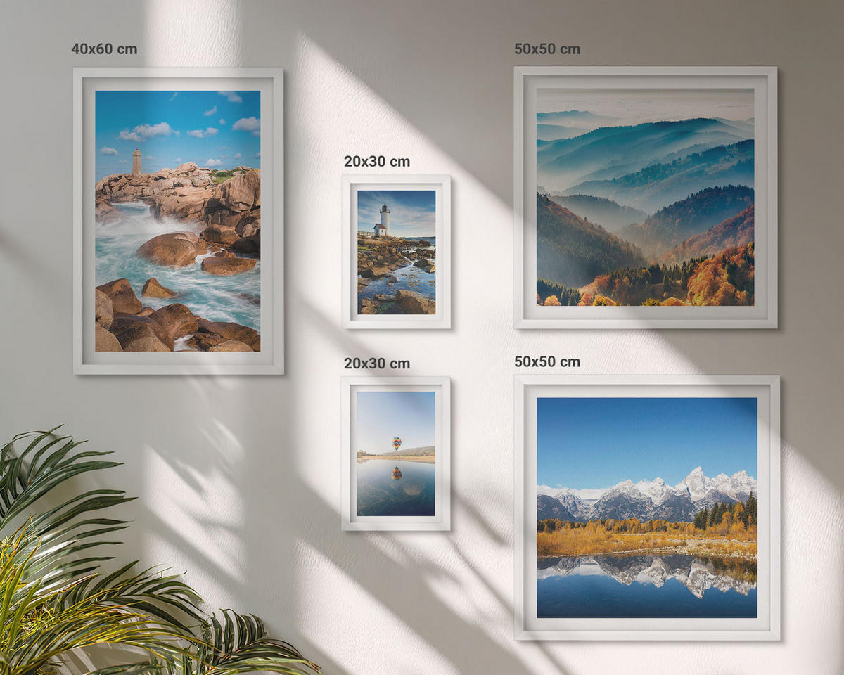 WANDBILDER 5er-Set - 50x50 cm & 20x30 cm & 40x60 cm Weißer Rahmen - Ausblicke auf die Natur, Leuchtturm, Berge - Weiß, Kunststoff (40/60cm) - ArtPrintCave