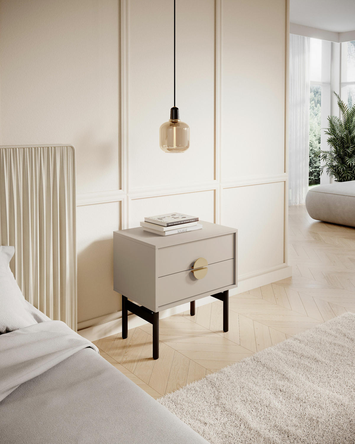 NACHTSCHRANK Stoon Grau-Beige 55 cm - Greige/Goldfarben, Holzwerkstoff/Metall (55/57/38cm) - Selsey